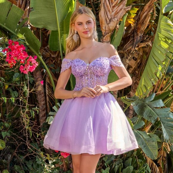 New Off Shoulder Short Fashion Forward Mesh Dress w/ Sheer Boned Bodice GS3684 - Picture 1 of 9